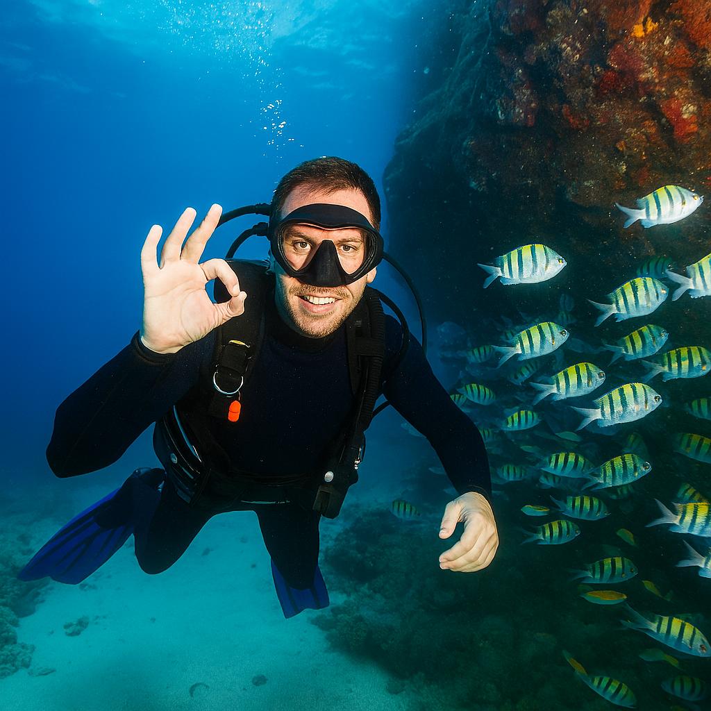 水中で小魚が周遊している中、okと指サインを出している男性の画像